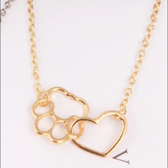 Gold Tone Interlocking Heart & Paw Print Necklace - Picture 4 of 7
